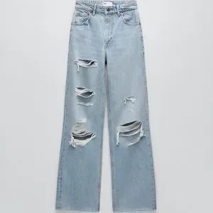 パンツ zara wide damage denim Z1975 WIDE-LEG ハイライズ FULL LENGTH デニムパンツ - ブルー